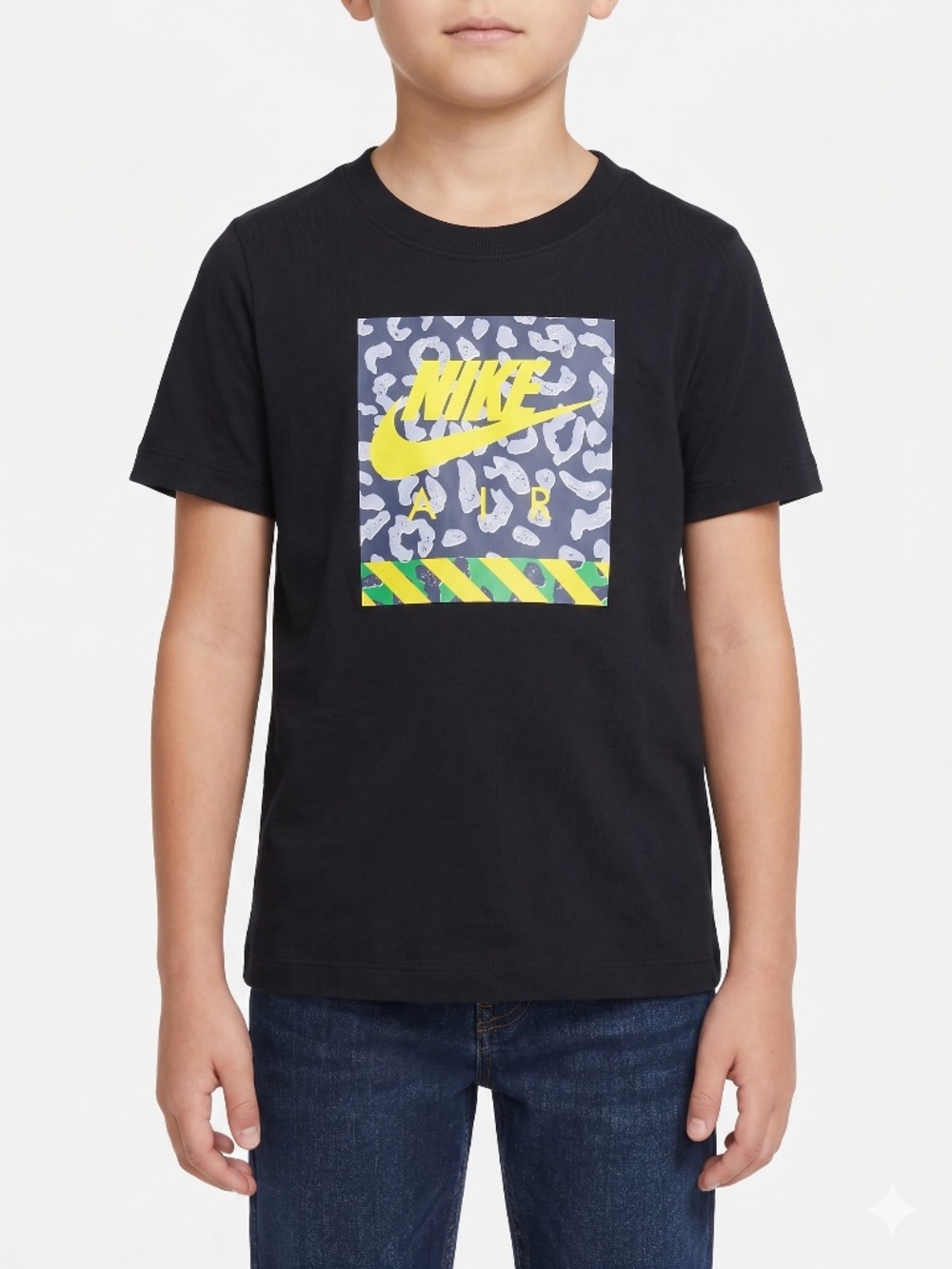 Nike Boys Black Graphic T-Shirt Nike Air Box Logo Animal Print Yellow Size XS